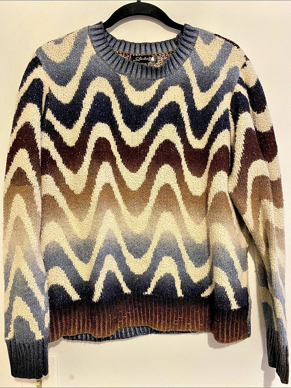 Charlie B Geometric Crewneck Sweater in Brown & Blue XL Like New